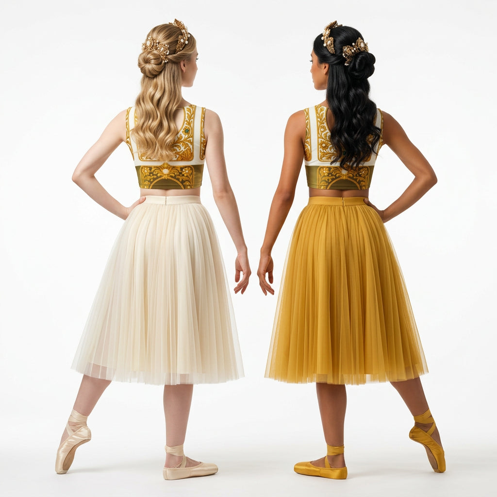 Back view of teen dancers in ballet shoes wearing ARTEMI ARTELIA's crop Top coordinated with flare skirts and gold tiaras. The crop top has Baroque filigree design with emerald embellishments  printed on white, gold and olive green base.