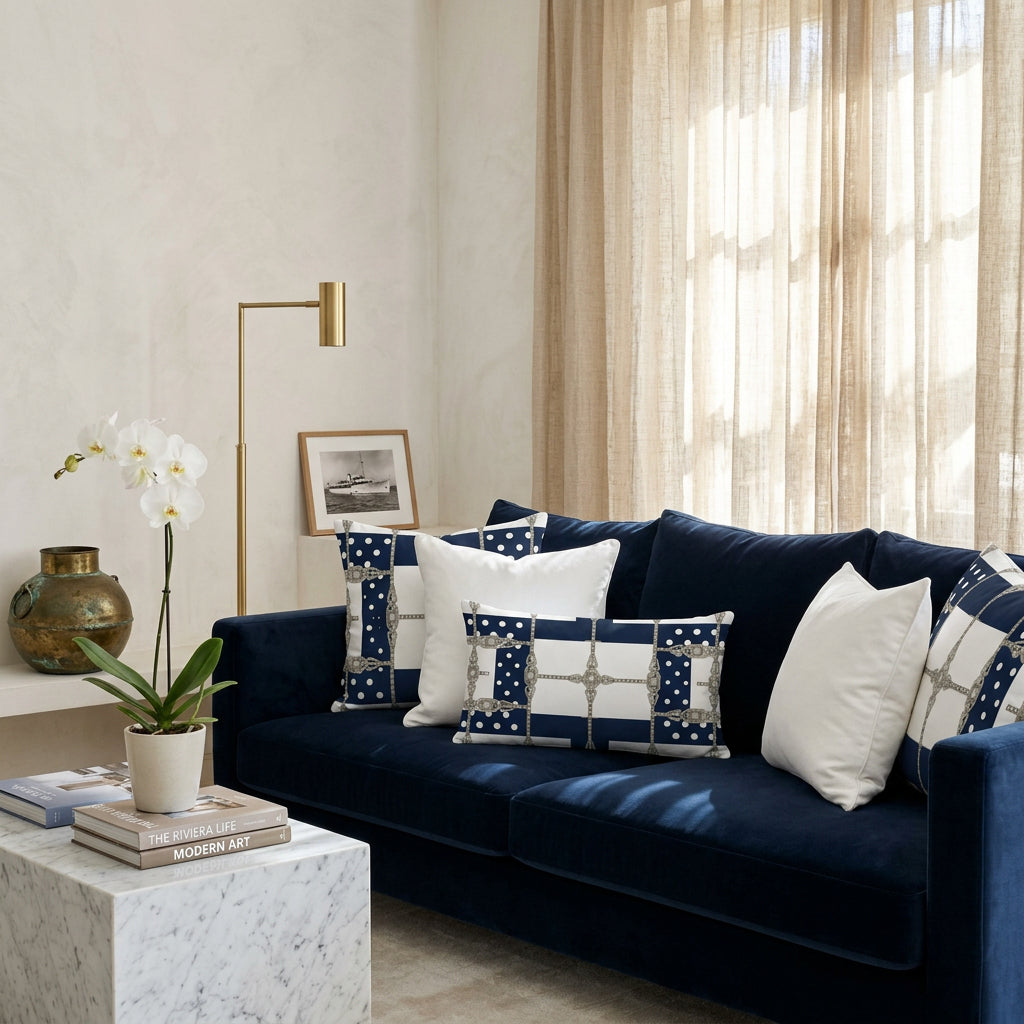 A rectangular throw pillow featuring a luxury fashion-inspired pattern with navy blue and white blocks, white polka dots, and ornate silver chain motifs adorned with clear crystals, shown against a plain white background.