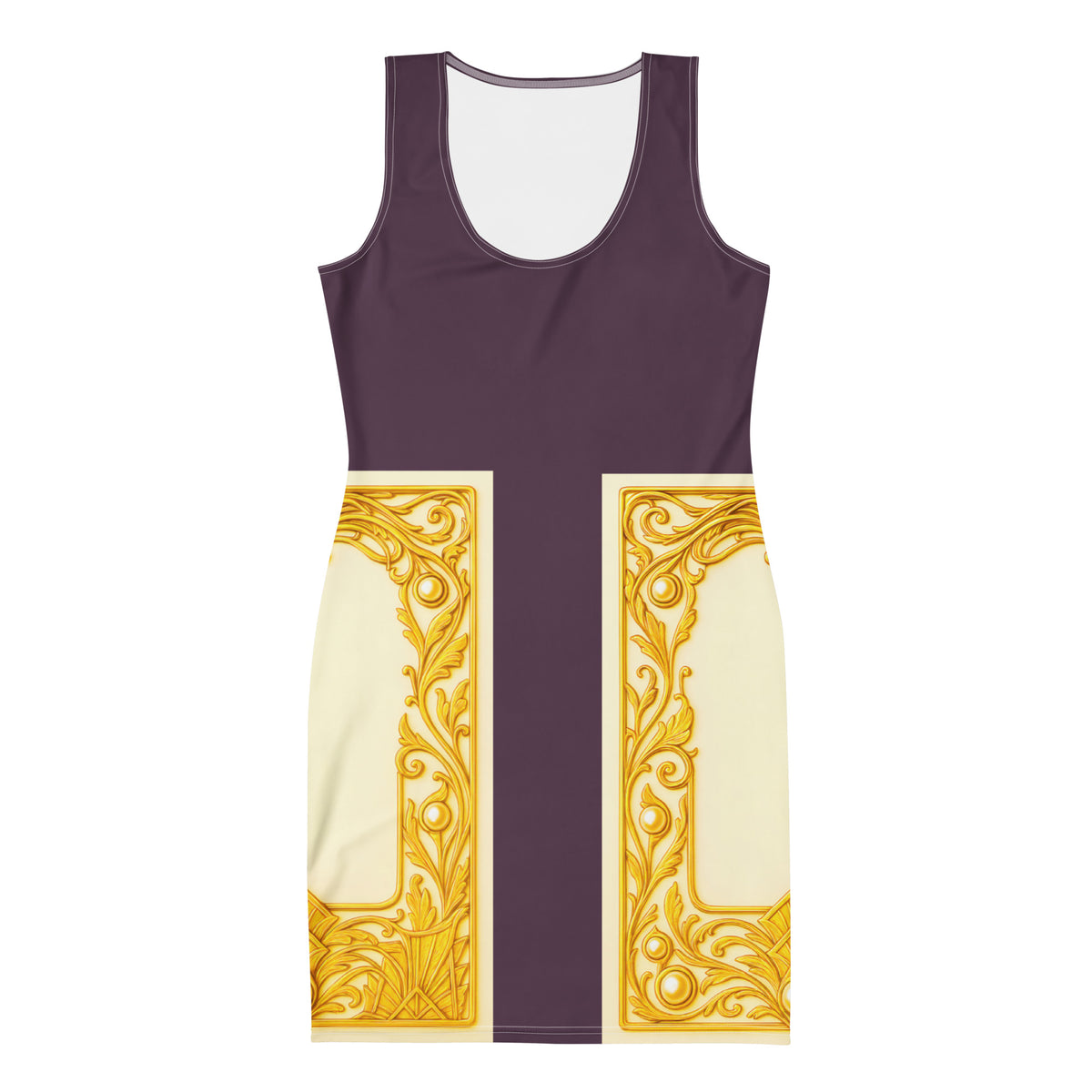 Sleeveless bodycon dress with dark purple top, cream side panels, and gold ornate borders.