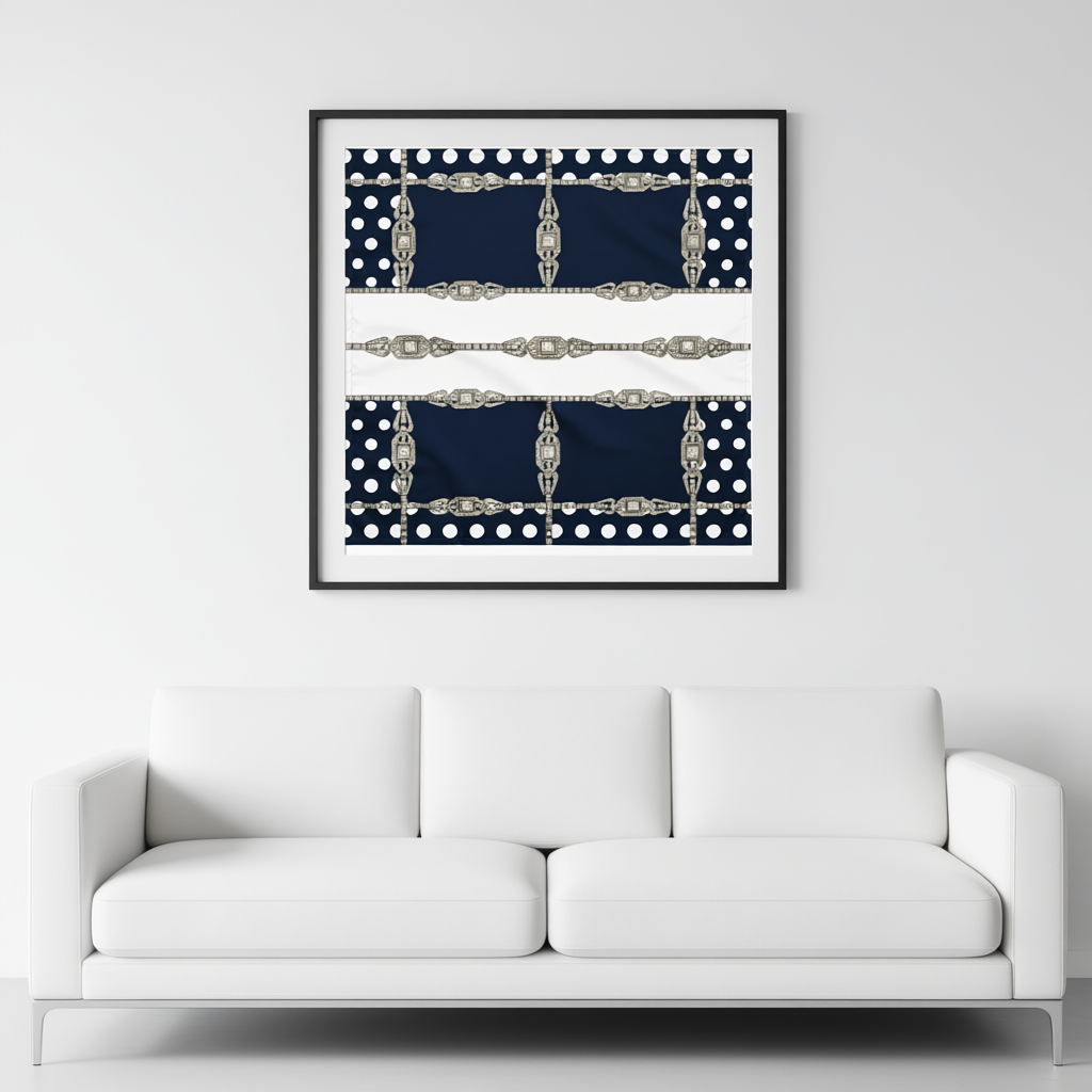 Framed artwork with a pattern of blue and white polka dots and silver antique jewel accents above a white sofa.