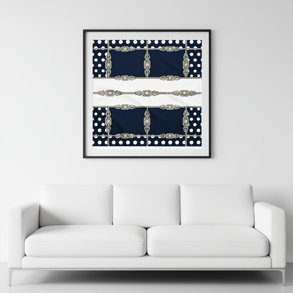 Framed artwork with a pattern of blue and white polka dots and silver antique jewel accents above a white sofa.