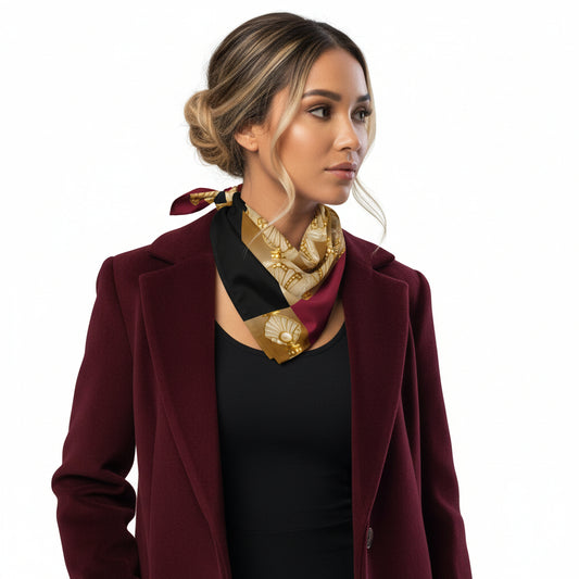 Model showcasing an elegant square neck scarf with an antique gold perfume bottle pattern, paired with a sophisticated dark maroon blazer and an updo hairstyle.