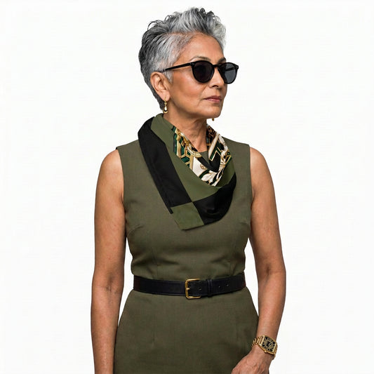 A woman modeling a square scarf with a color-blocked design of olive green, black, and white, featuring a small gold patterned accent in the center, paired with a white tank top and dark jeans.