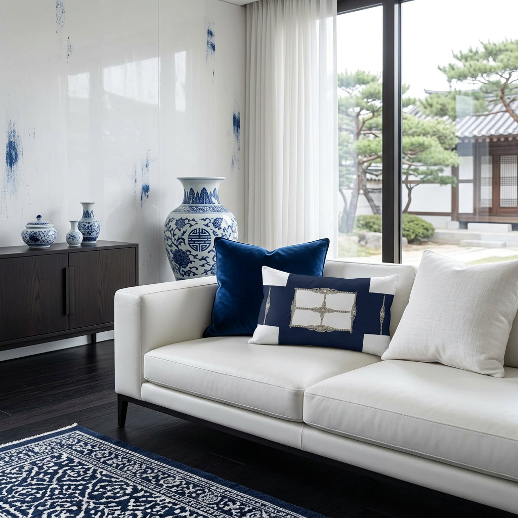 Decorative pillow with a central rectangular design on a navy background, displayed on  an elegant sofa in oriental living room.