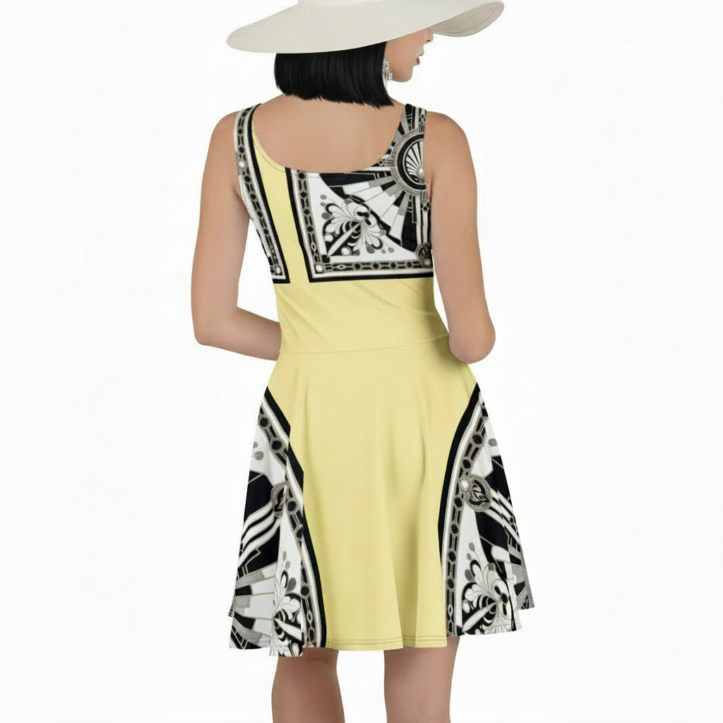 A woman modeling a sleeveless fit-and-flare dress from the back, featuring a pale yellow body with black and white ornate patterned panels at the neckline and along the flared skirt, against a plain white background.