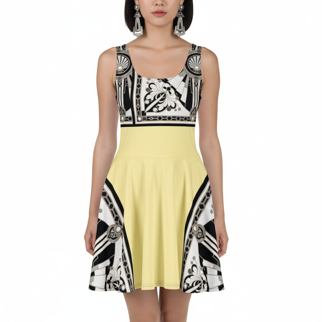 A woman modeling a sleeveless skater dress with a pale yellow skirt and a black, white, and gray ornate patterned bodice and side panels, shown against a plain white background.