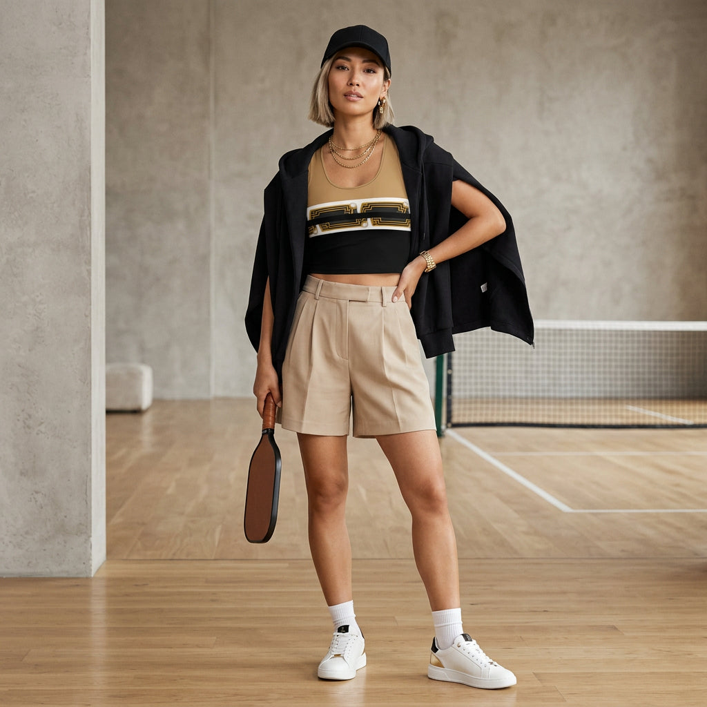 An Asian lady with short blond hair is wearing a  nude and black crop top and beige shorts at pickle bball court holding a racket.