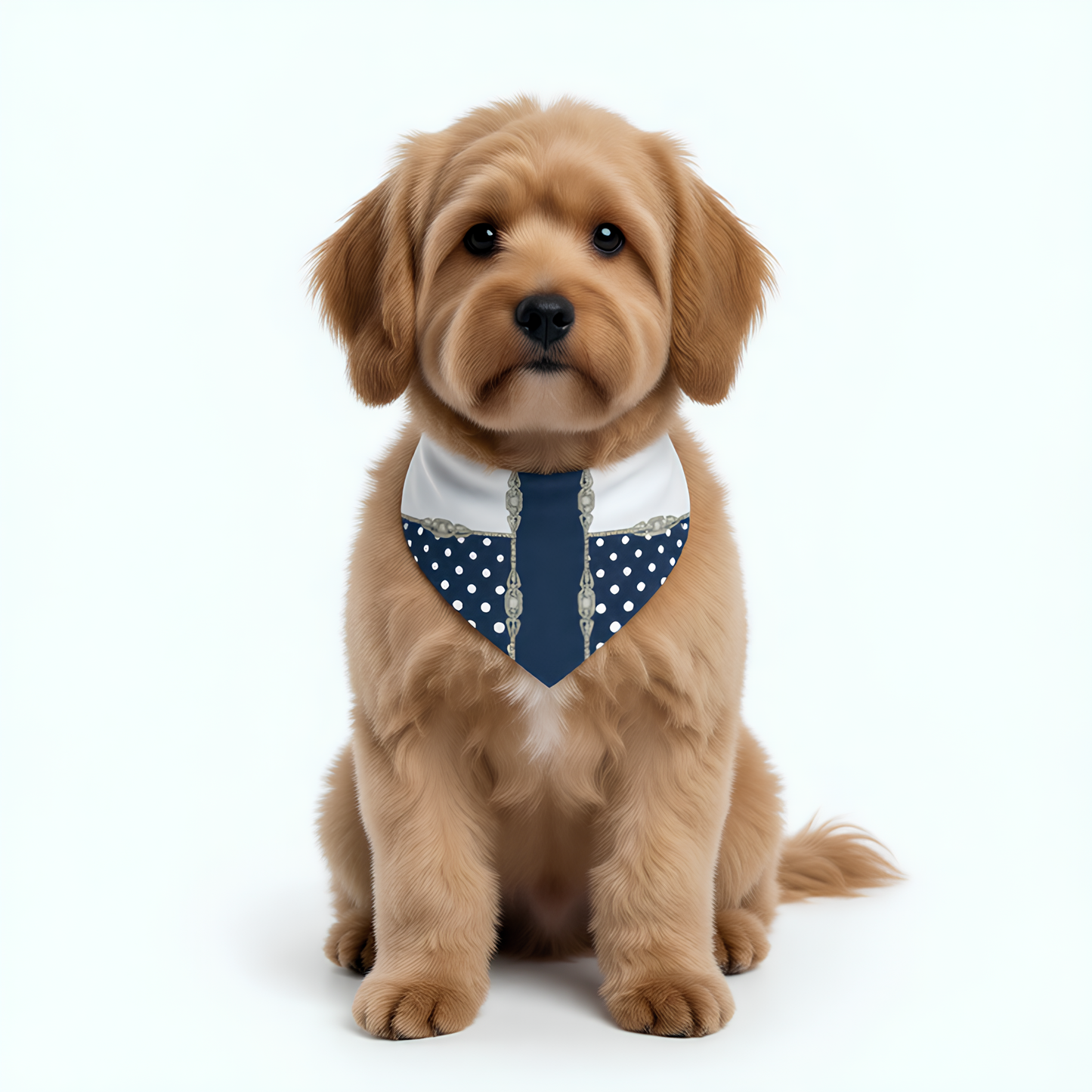 Puppy wearing a pet bandana collar with navy blue, white polka dots and silver jewel pattern on a white background 