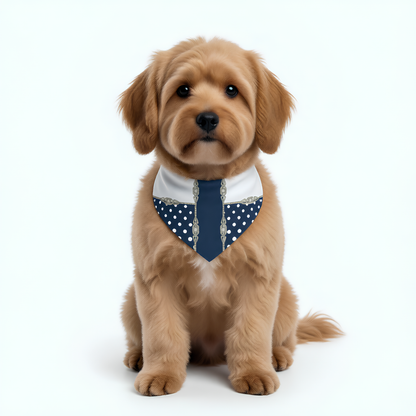 Puppy wearing a pet bandana collar with navy blue, white polka dots and silver jewel pattern on a white background 