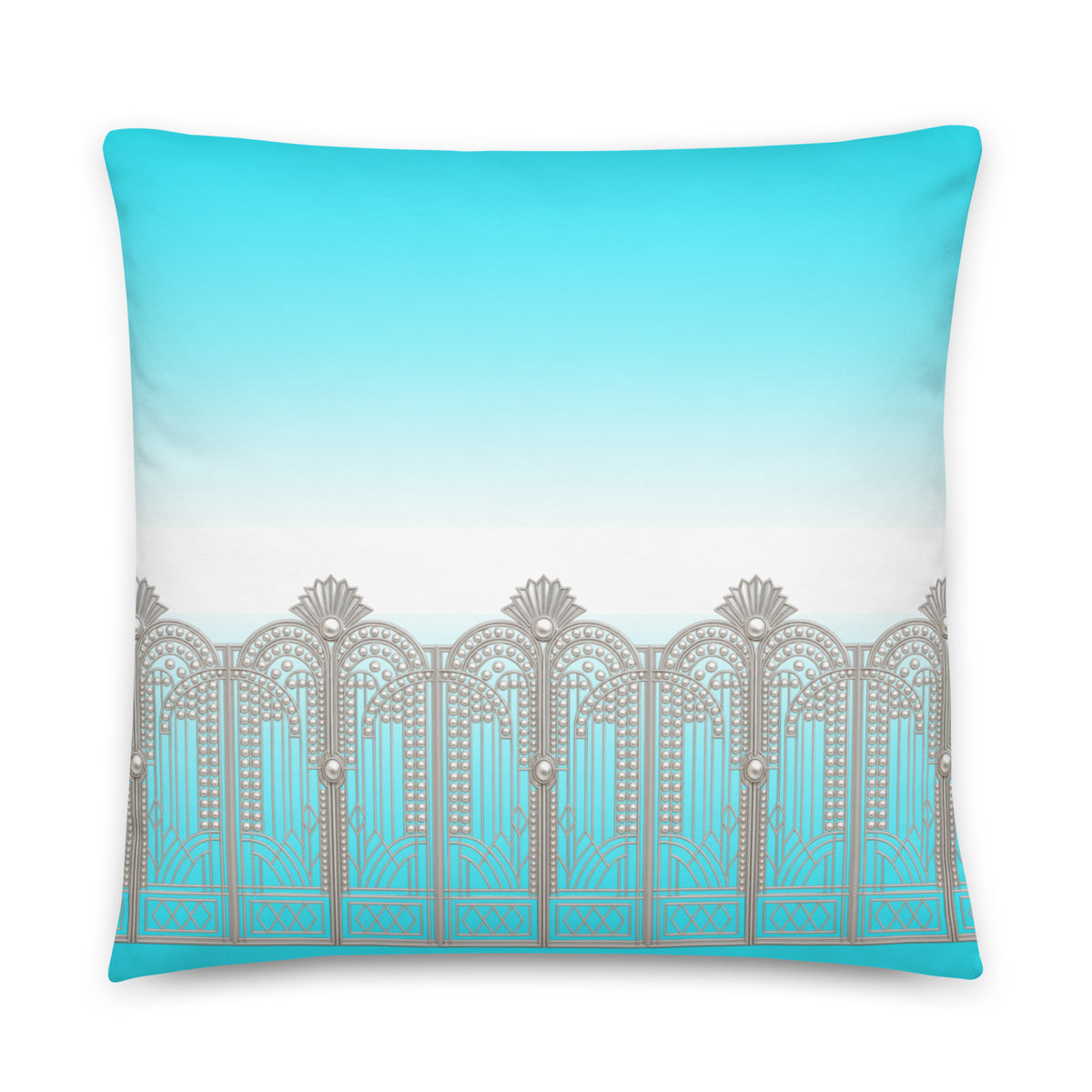 A square throw pillow featuring a printed design of a silver Art Deco style gate against a turquoise and white gradient background.