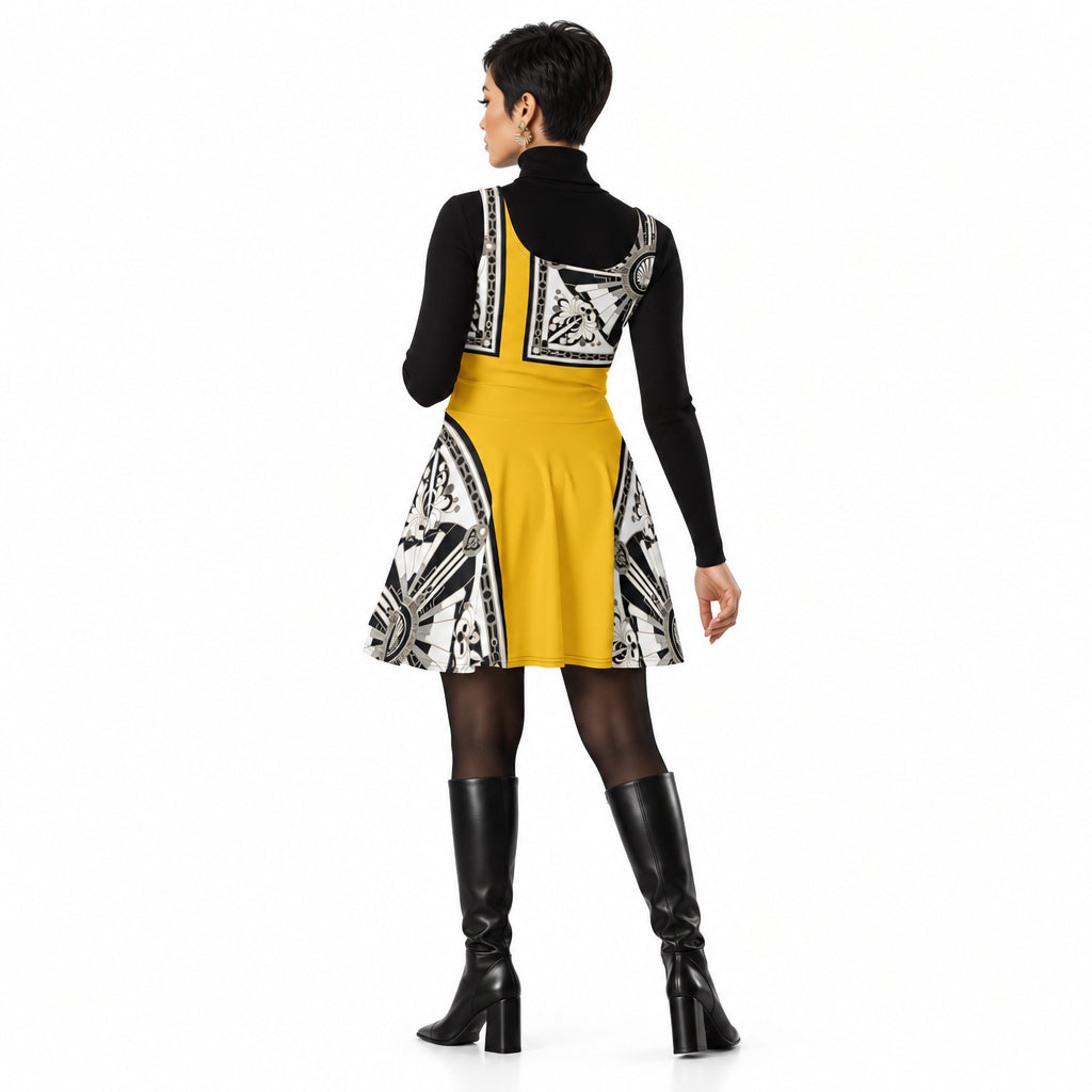 A woman shown from the back wearing a sleeveless yellow skater dress with black and white geometric patterned panels on the bodice and skirt, paired with leather long boots, against a plain white background.
