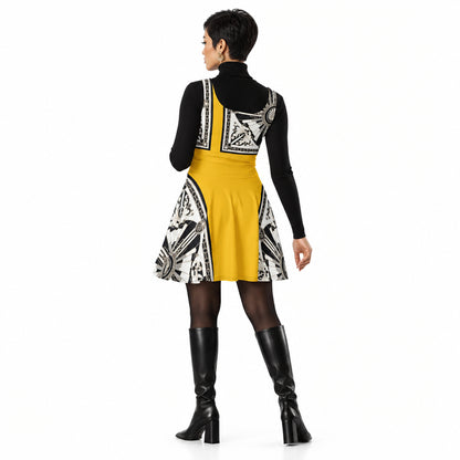 A woman shown from the back wearing a sleeveless yellow skater dress with black and white geometric patterned panels on the bodice and skirt, paired with leather long boots, against a plain white background.