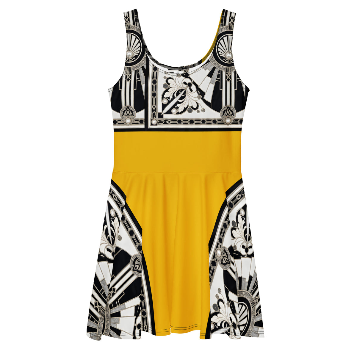 A sleeveless scoop-neck dress with a bright mustard yellow skirt and a black, white, and gray Art Deco architectural pattern across the bodice and flared skirt, shown on a plain white background.