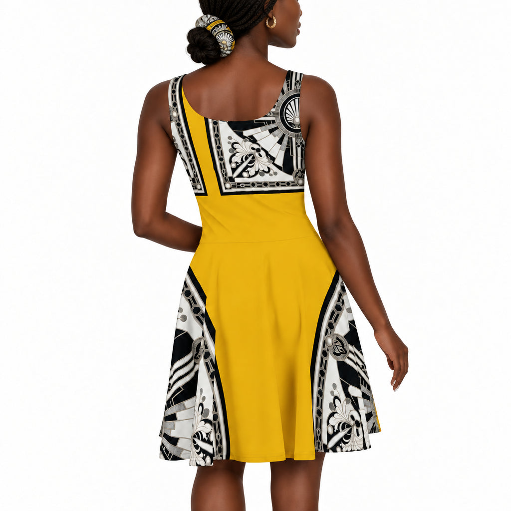 A woman shown from the back wearing a sleeveless mustard yellow dress with black and white graphic print panels on the back and sides, photographed against a plain white studio background.