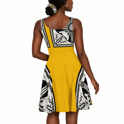 A woman shown from the back wearing a sleeveless mustard yellow dress with black and white graphic print panels on the back and sides, photographed against a plain white studio background.