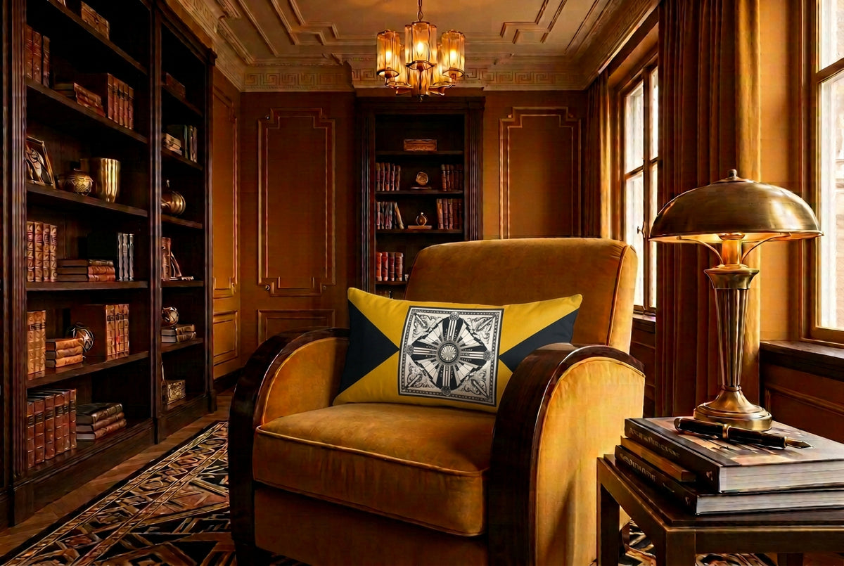 A rectangular throw pillow featuring a bold yellow background with black geometric side panels and a central black, white, and gray ornate square emblem.
