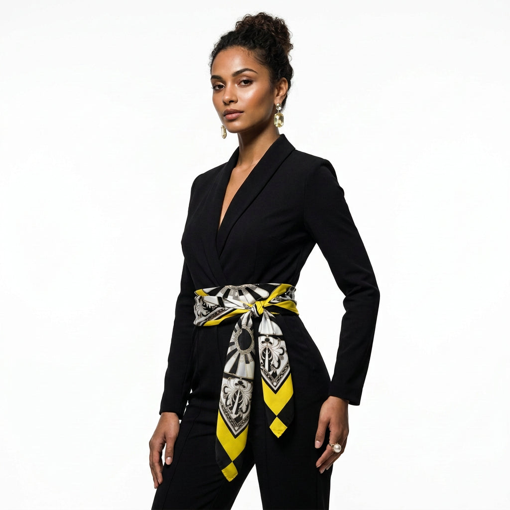 A model wearing a black and white graphic bandana neck gaiter with a yellow accent stripe, styled over a black t-shirt against a solid white background.