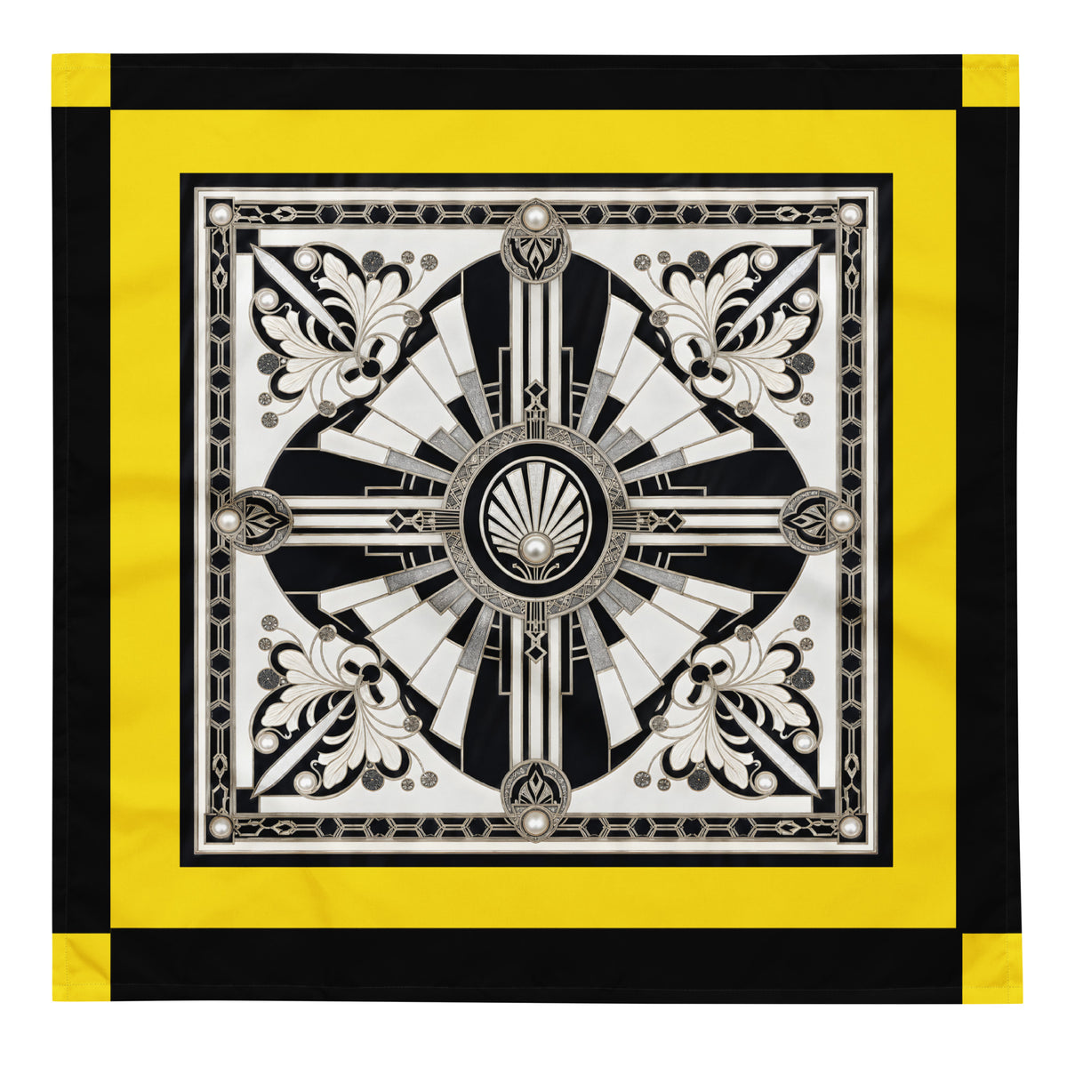 A square scarf featuring a bold Art Deco style design with a central black, white, and silver geometric motif, surrounded by a wide yellow border and a black outer border with yellow corner accents.