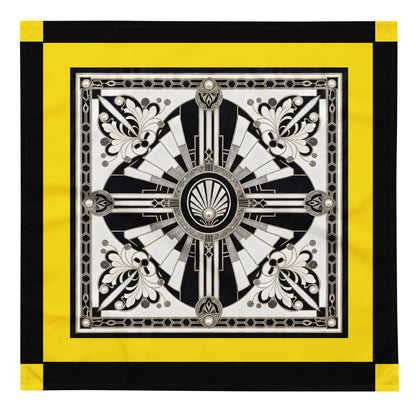 A square scarf featuring a bold Art Deco style design with a central black, white, and silver geometric motif, surrounded by a wide yellow border and a black outer border with yellow corner accents.