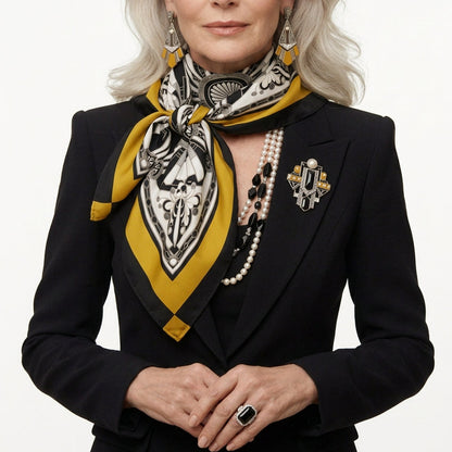 A square scarf featuring a bold Art Deco style design with a central black, white, and silver geometric motif, surrounded by a wide yellow border and a black outer border with yellow corner accents.