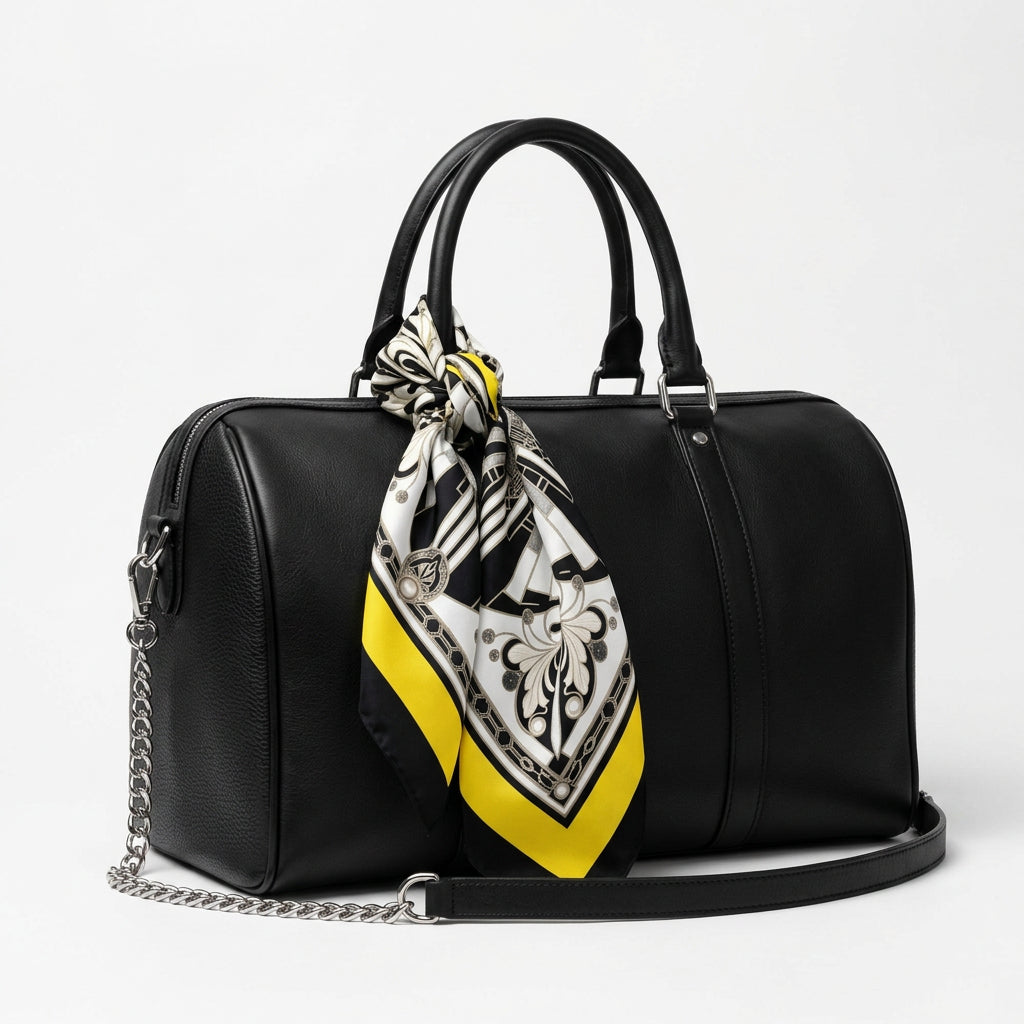 A square scarf featuring a bold Art Deco style design with a central black, white, and silver geometric motif, surrounded by a wide yellow border and a black outer border with yellow corner accents.
