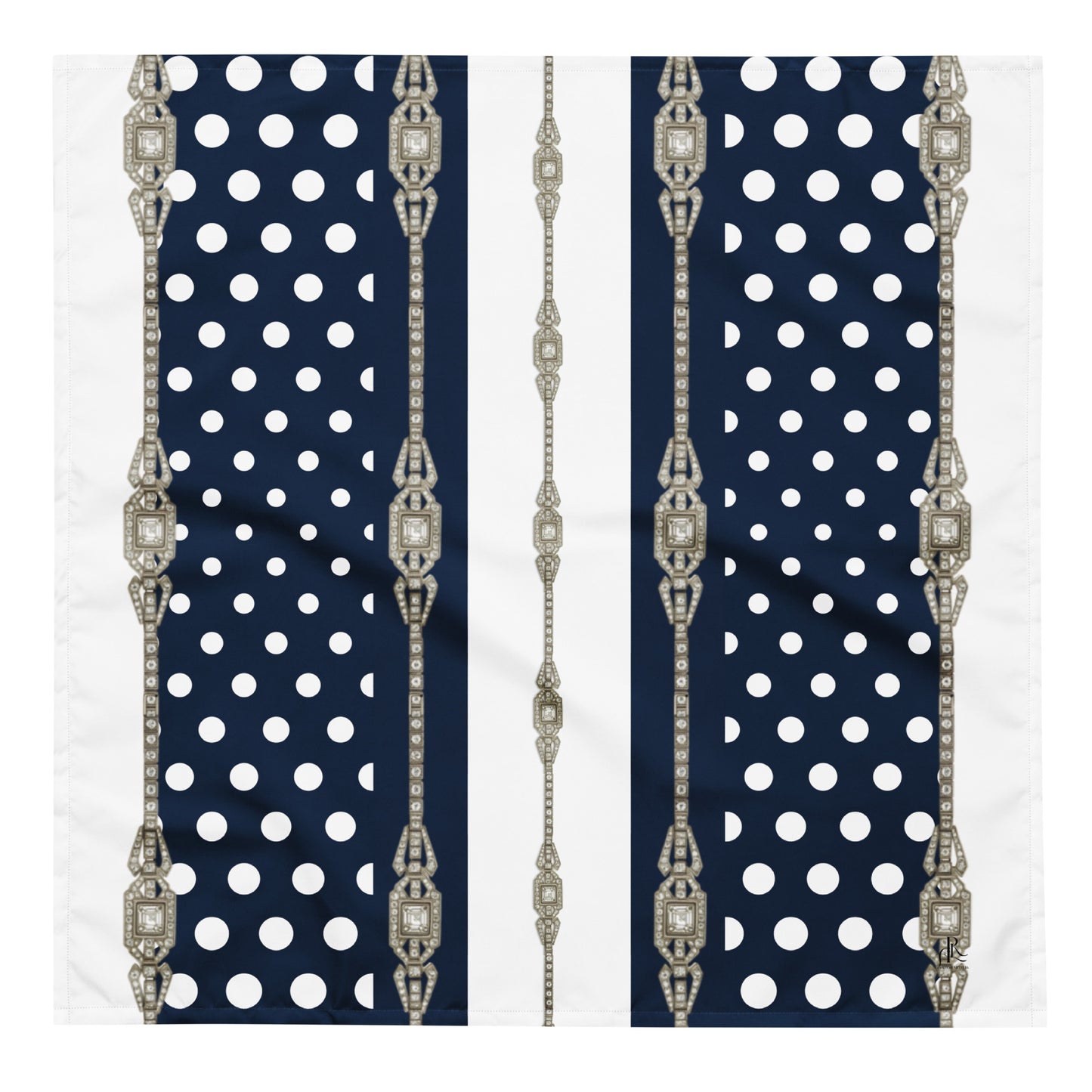 Navy blue square L size scarf with white polka dots and decorative silver jewel patterns on a white background