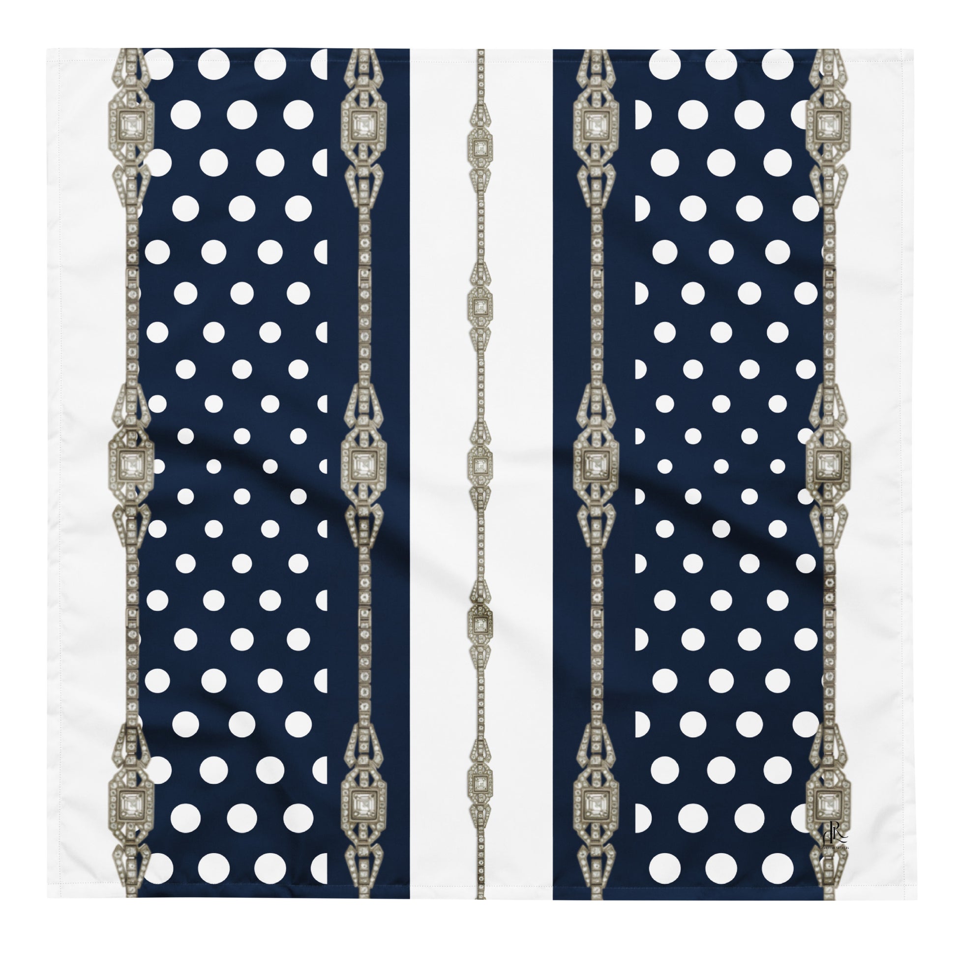 Navy blue square L size scarf with white polka dots and decorative silver jewel patterns on a white background