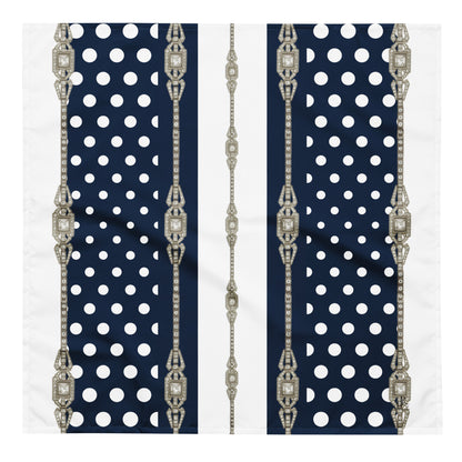 Navy blue square L size scarf with white polka dots and decorative silver jewel patterns on a white background