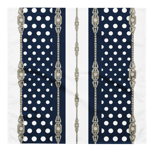 Navy blue square L size scarf with white polka dots and decorative silver jewel patterns on a white background
