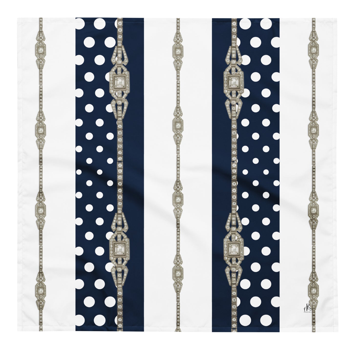 Square L size  bandana with a pattern of blue and white polka dots and silver antique jewel accents against a white background.