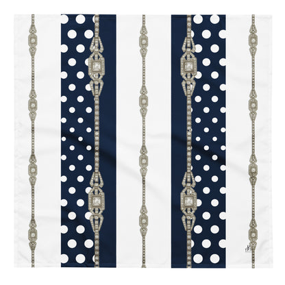 Square L size  bandana with a pattern of blue and white polka dots and silver antique jewel accents against a white background.