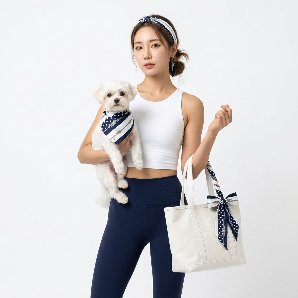 A woman with long black hair models a navy blue silk scarf with white polka dots and silver-tone chain details, styled around her neck over a white and navy yoga wear a plain white background.