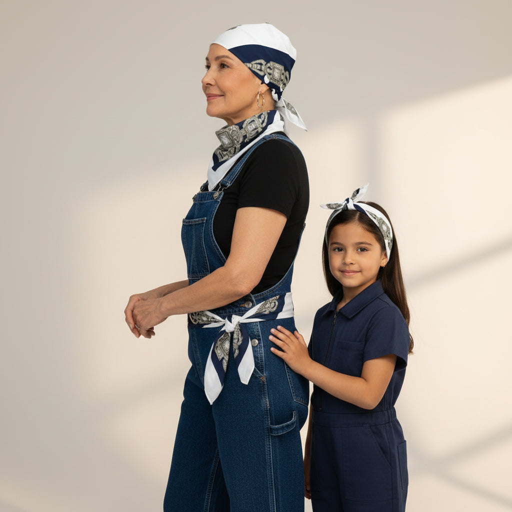 Woman and young girl wearing matching denim outfits with matching headscarves featuring Art Deco jewel motifs against a plain background.