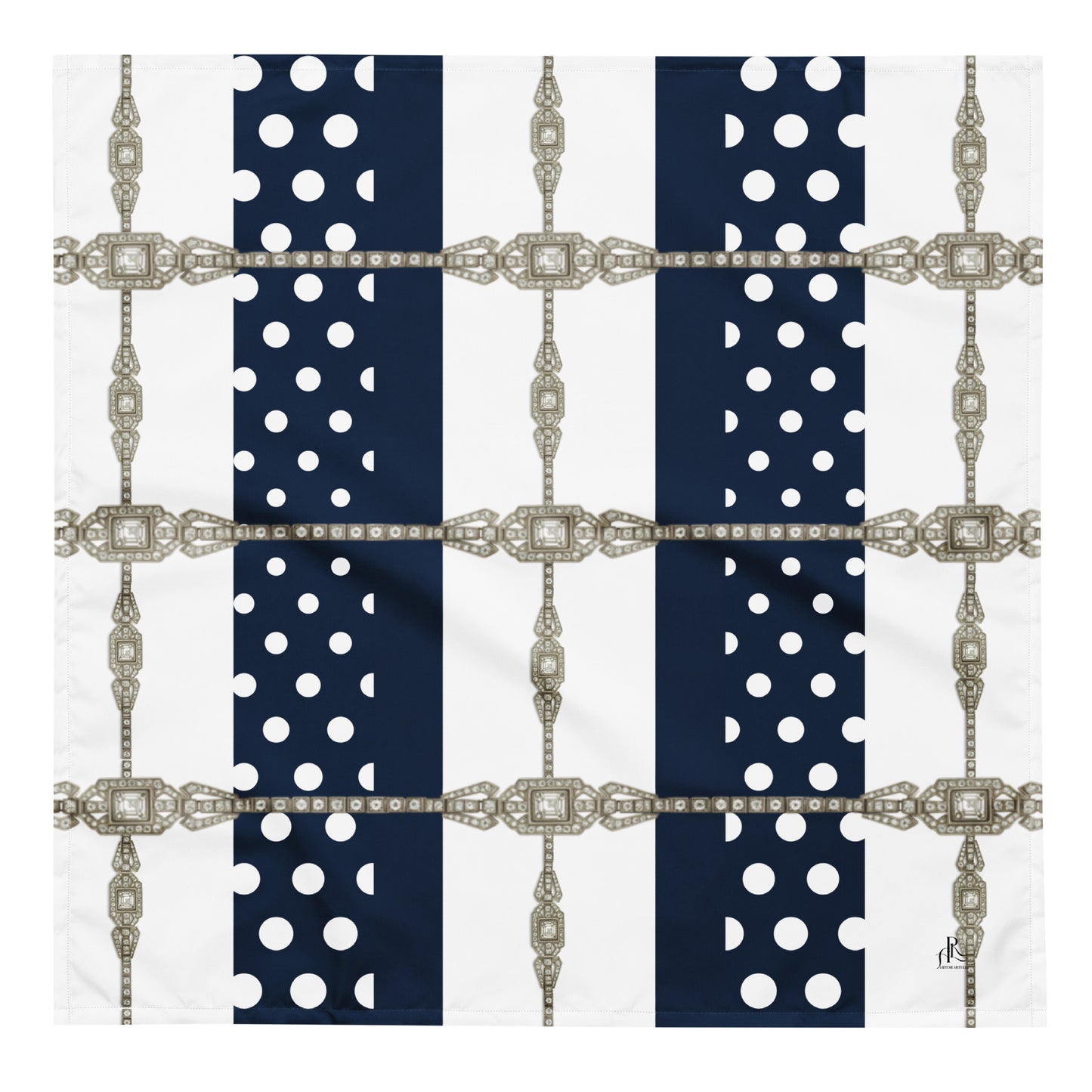 Navy blue scarf with white polka dots at navy background and silver Art Deco chain prints in Lattice pattern. A front flat view of one sided print, square bandana scarf in size L.