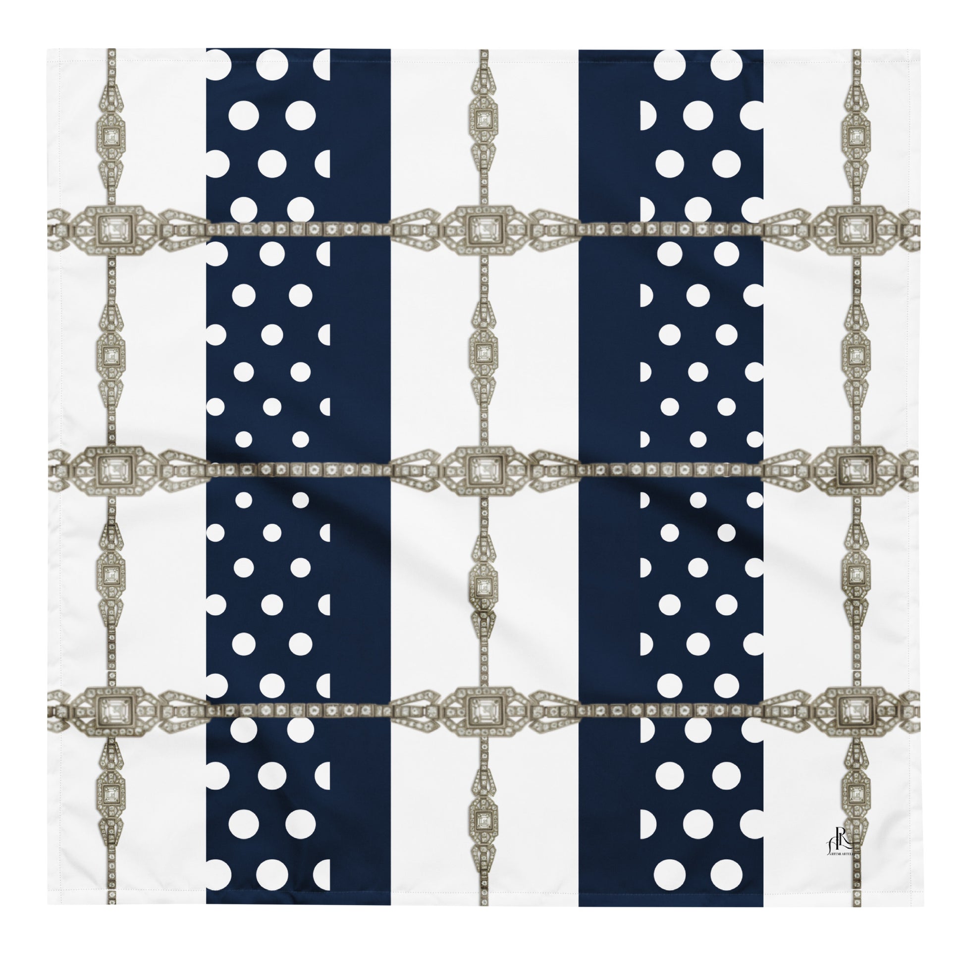 Navy blue scarf with white polka dots at navy background and silver Art Deco chain prints in Lattice pattern. A front flat view of one sided print, square bandana scarf in size L.