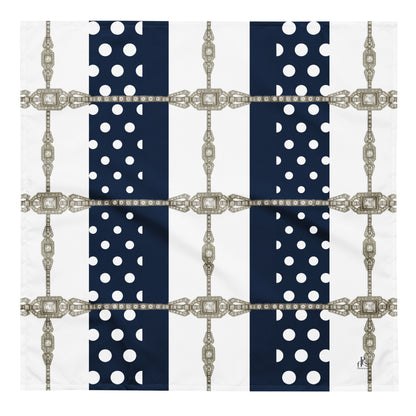 Navy blue scarf with white polka dots at navy background and silver Art Deco chain prints in Lattice pattern. A front flat view of one sided print, square bandana scarf in size L.