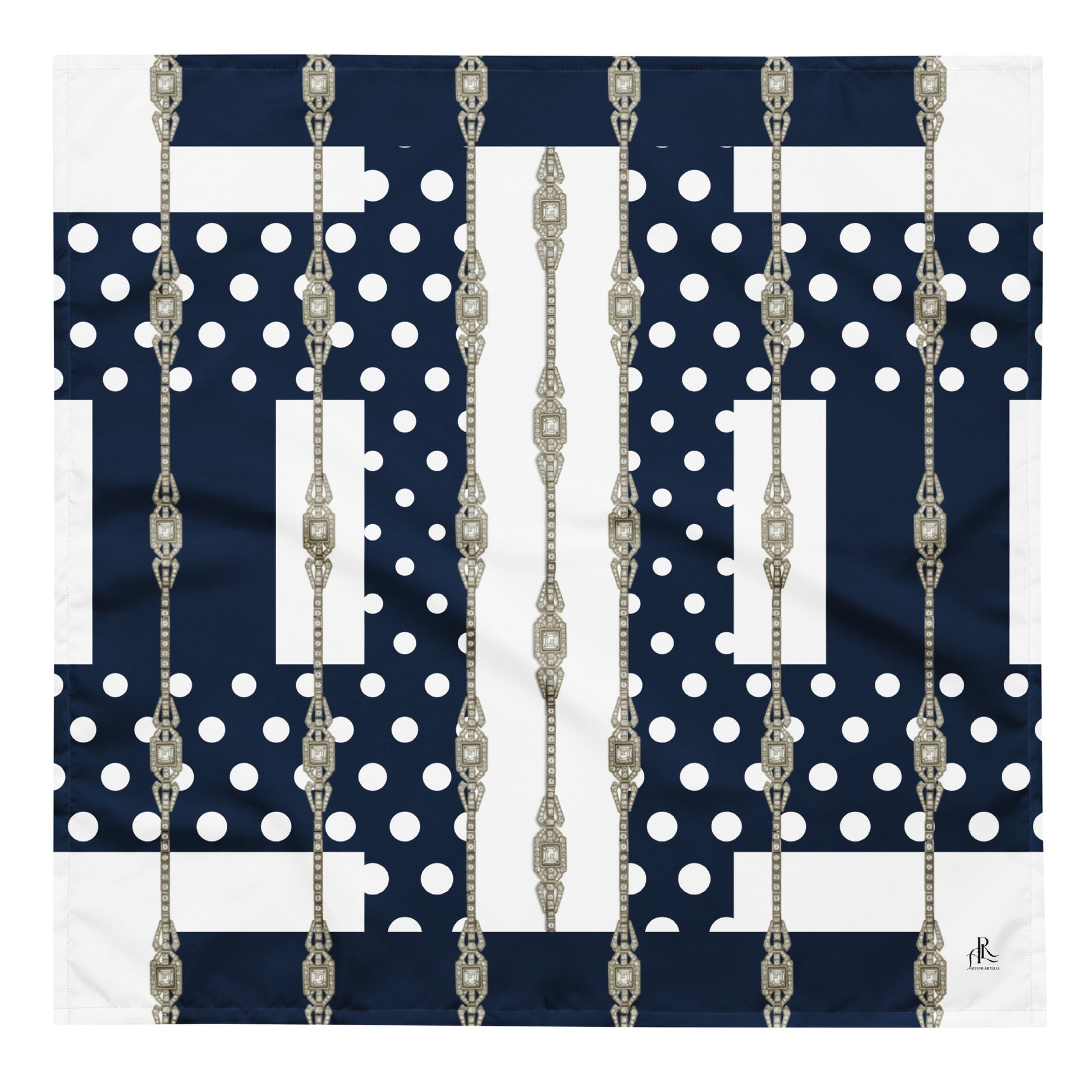 Navy blue scarf with geometric shape motifs and white polka dots at navy blue background. Silver Art Deco chain prints are displayed in grid. A front flat view of one sided print bandana scarf in Size L.