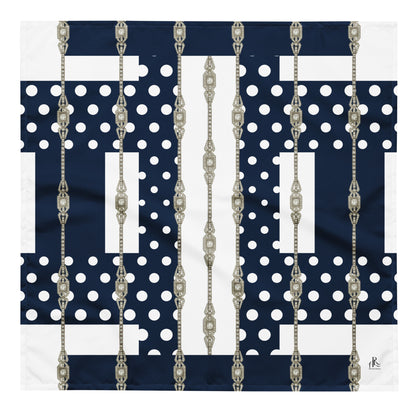 Navy blue scarf with geometric shape motifs and white polka dots at navy blue background. Silver Art Deco chain prints are displayed in grid. A front flat view of one sided print bandana scarf in Size L.