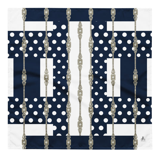 Navy blue scarf with geometric shape motifs and white polka dots at navy blue background. Silver Art Deco chain prints are displayed in grid. A front flat view of one sided print bandana scarf in Size L.