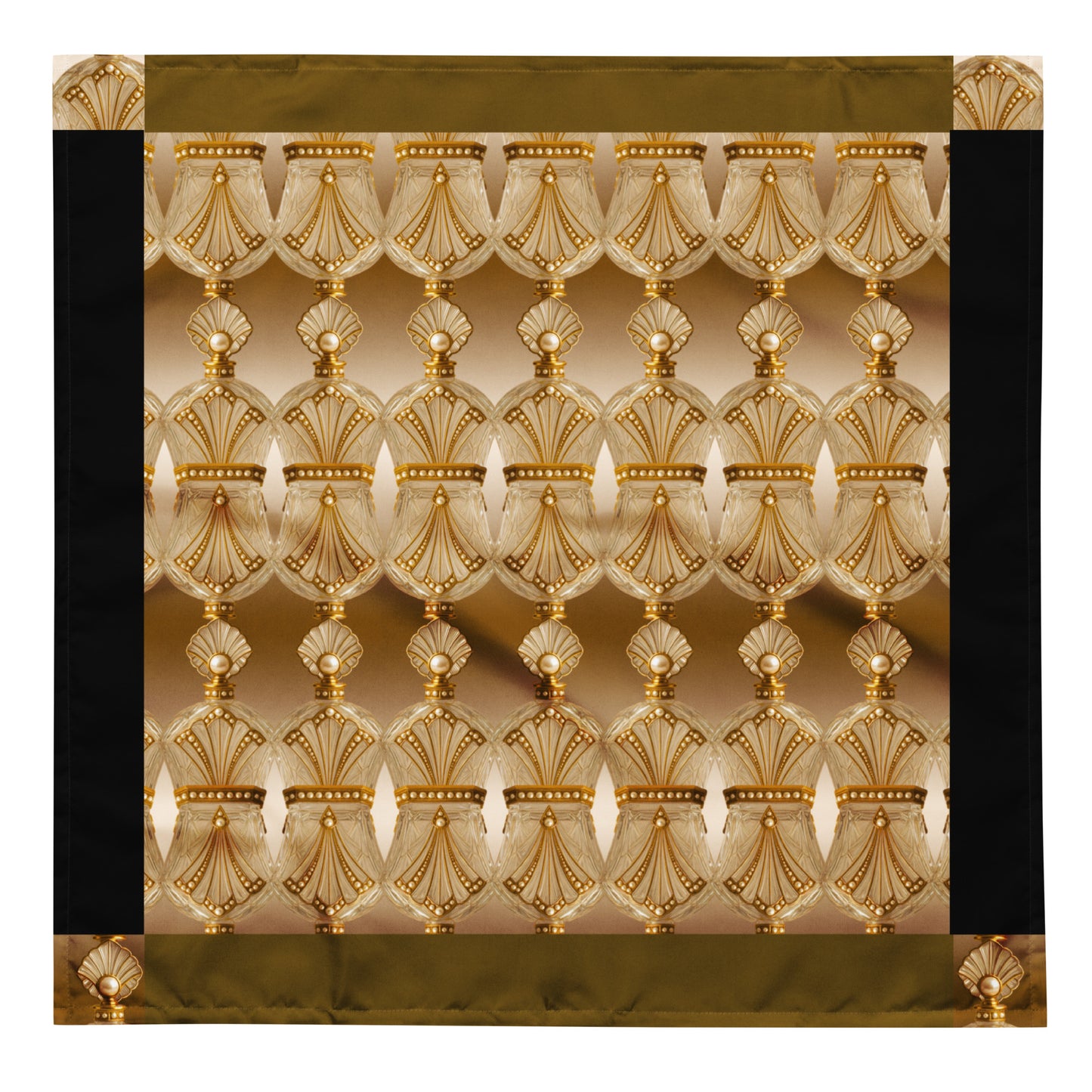 Square large size bandana featuring a repeated gold antique perfume bottle pattern with pearl embellishments, khaki and black border accents, on a white background.