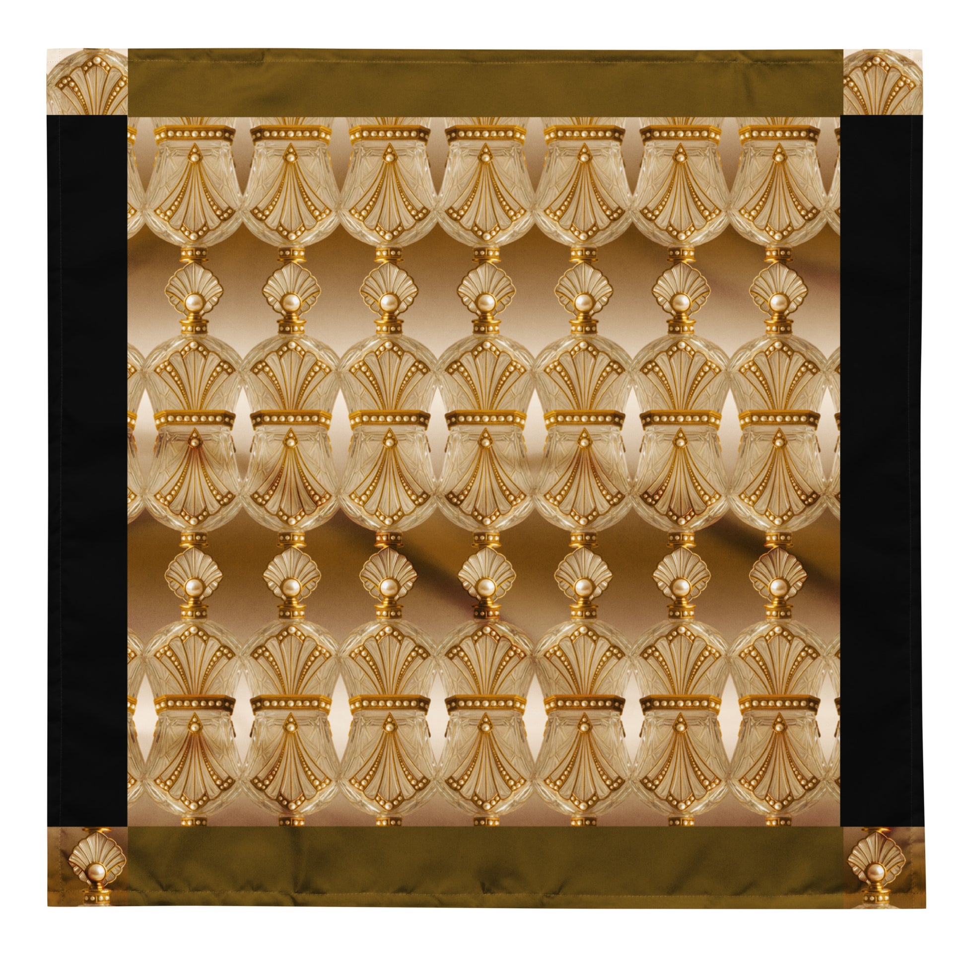 Square large size bandana featuring a repeated gold antique perfume bottle pattern with pearl embellishments, khaki and black border accents, on a white background.