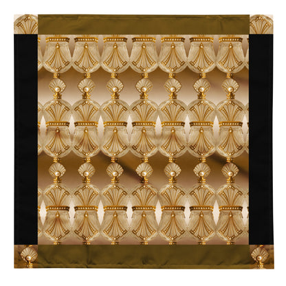 Square large size bandana featuring a repeated gold antique perfume bottle pattern with pearl embellishments, khaki and black border accents, on a white background.