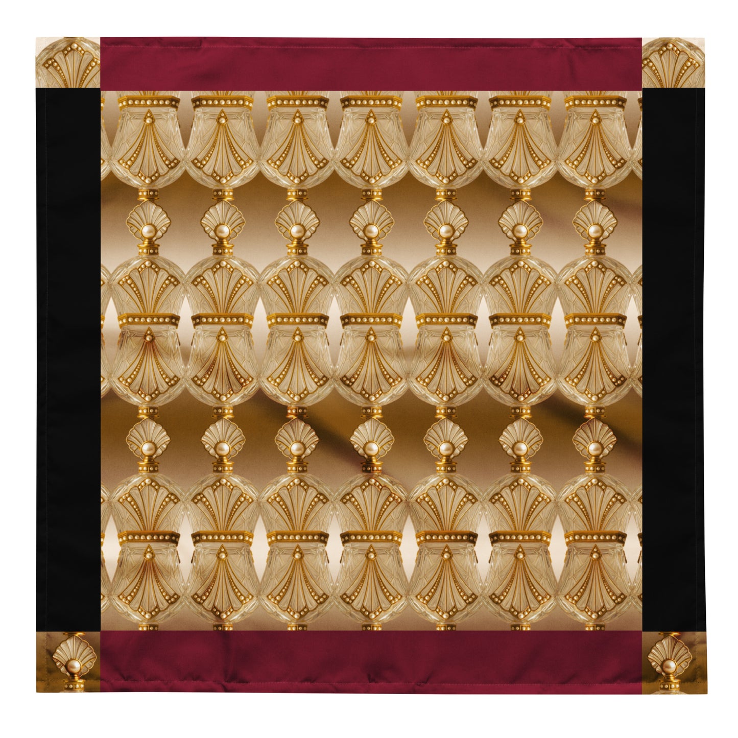 Beautiful bandana featuring a repeated gold antique perfume bottle pattern with pearl embellishments, burgundy and black border accents, on a white background.