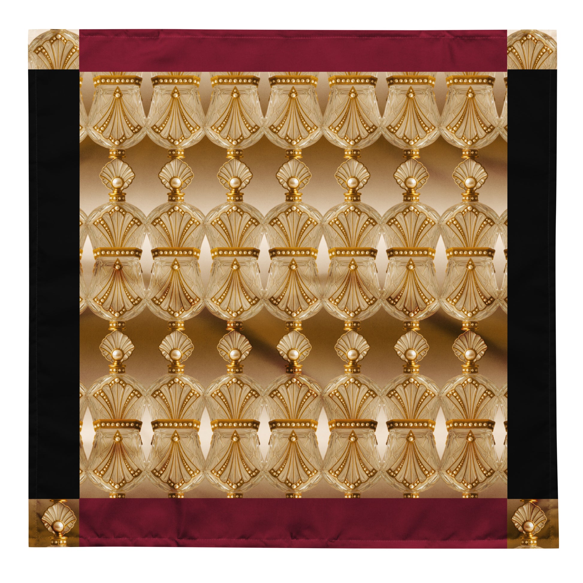 Beautiful bandana featuring a repeated gold antique perfume bottle pattern with pearl embellishments, burgundy and black border accents, on a white background.