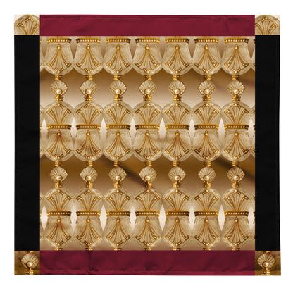 Beautiful bandana featuring a repeated gold antique perfume bottle pattern with pearl embellishments, burgundy and black border accents, on a white background.