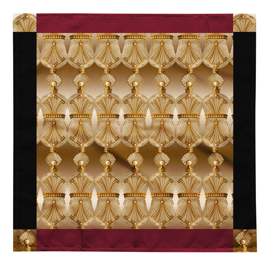 Beautiful bandana featuring a repeated gold antique perfume bottle pattern with pearl embellishments, burgundy and black border accents, on a white background.