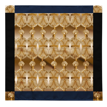 Large square bandana featuring a repeated gold antique perfume bottle pattern with pearl embellishments, navy and black border accents, on a white background.