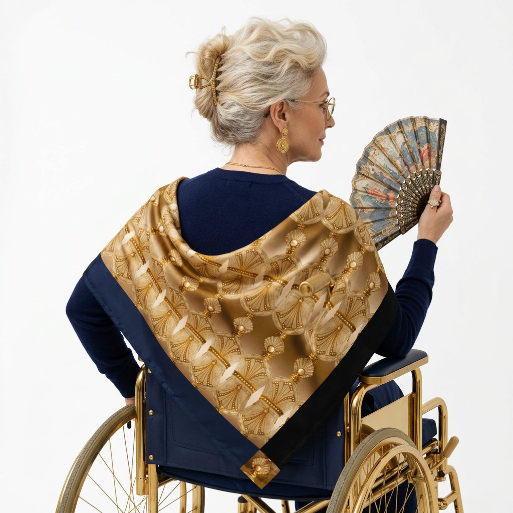 An older woman with short gray hair and glasses, seated in a wheelchair and shown from the back, wearing a navy blue top and a large gold and beige patterned shawl draped over her shoulders against a plain white studio background.