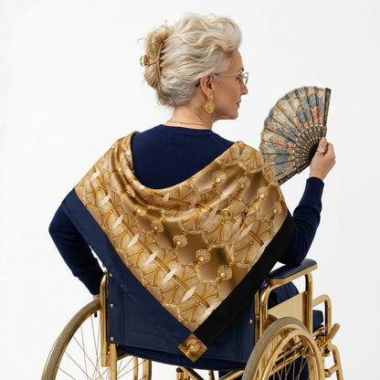 An older woman with short gray hair and glasses, seated in a wheelchair and shown from the back, wearing a navy blue top and a large gold and beige patterned shawl draped over her shoulders against a plain white studio background.