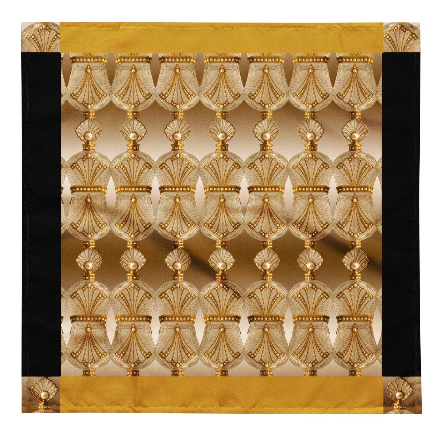 Large square bandana featuring a repeated gold antique perfume bottle pattern with pearl embellishments, mustard yellow and black border accents, on a white background.